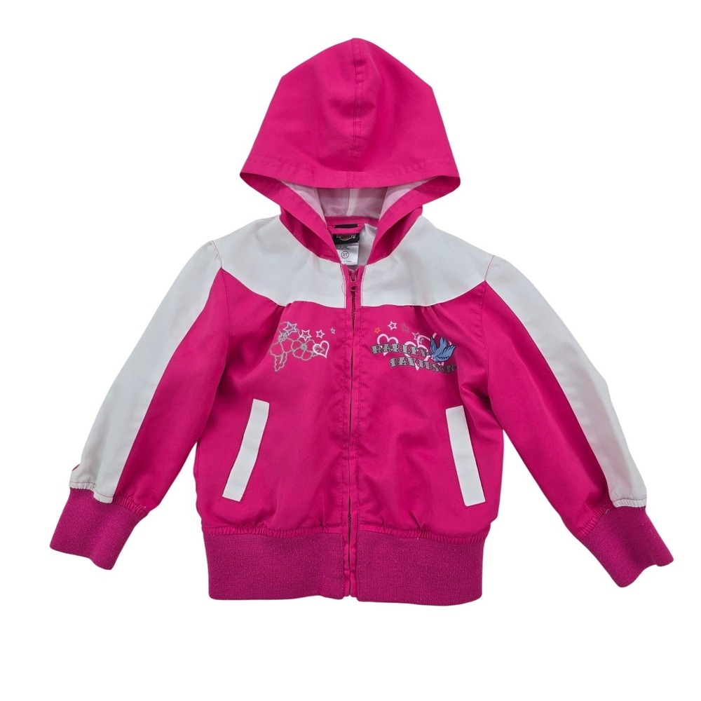 Harley Davidson Windbreaker Jacket Toddler Girls 3T Pink White Hooded Biker